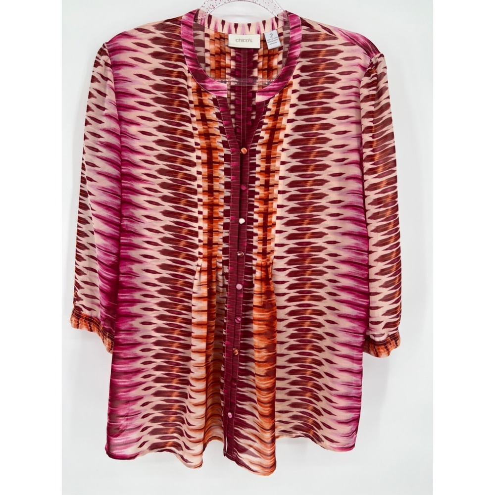 Chicos Sz 2 Orange Pink Print Button Front Tunic Top No Iron (Sz M 8/10)
